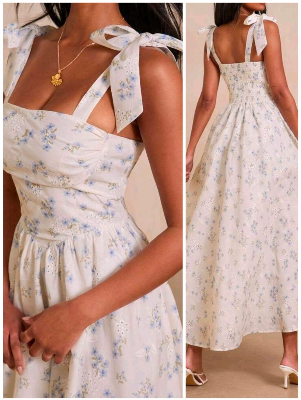 New Flirty Floral Embroidered Eyelet Lace Tie Strap Ruched Flare Maxi Dress